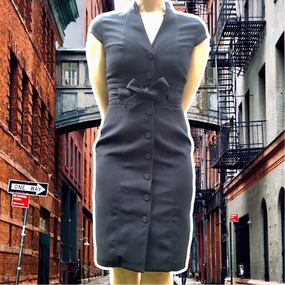 Calvin Klein Button-Down Black Work Dress with Cap Sleeves and Self Belt, Size 4